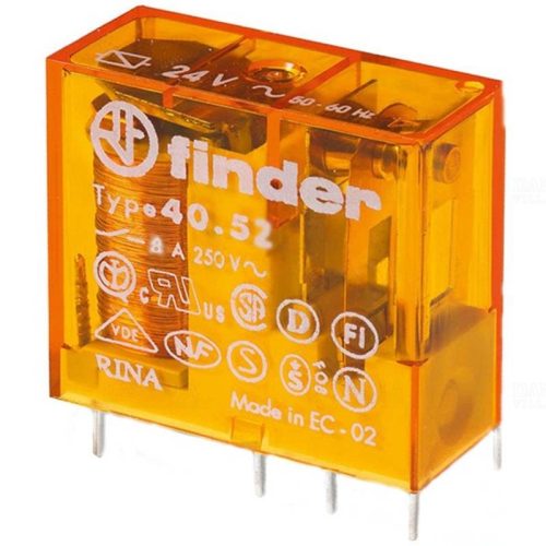 FINDER 40.52.8.230 relé 2CO(váltó) 8A 230V AC, 5mm lábkiosztás, NYÁK-ba vagy foglalatba