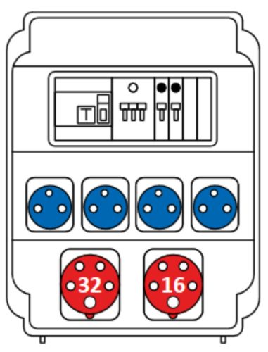 SEZ ROS 11/FI-21/S Ipari kombináció 4db HT dugalj +1 db 16A 5P + 1db 32A 5P kismegszakító + Fi-relé védelemmel