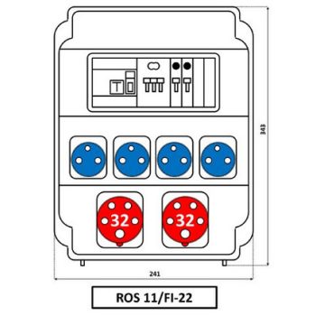   SEZ ROS 11/FI-22/S Ipari kombináció 4db HT dugalj + 2db 32A 5P kismegszakítók + Fi-relé védelemmel 