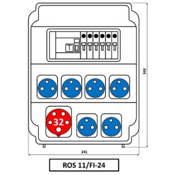   SEZ ROS 11/FI-24/S Ipari kombináció 6db HT dugalj + 1db 32A 5P kismegszakító + Fi-relé védelemmel
