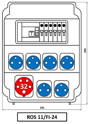 SEZ ROS 11/FI-24/S Ipari kombináció 6db HT dugalj + 1db 32A 5P kismegszakító + Fi-relé védelemmel